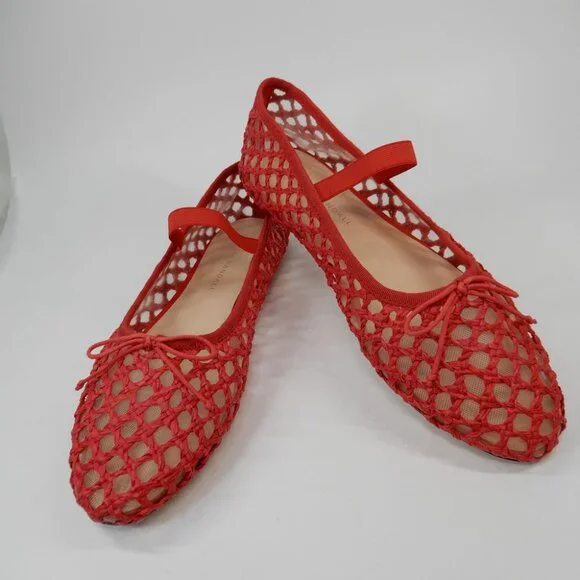 Loeffler Randall Leonie Mary Jane Ballet Flats Size 8 Red Raffia Mesh Bow NEW - Picture 16 of 16